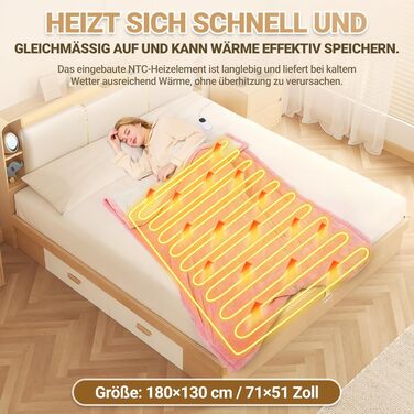 Електрична ковдра з автовимкненням 130x180 см, 8 рівнів нагріву, таймер 12 годин, пральна машина, флісова ковдра для ліжка, дивана, офісу, рожева