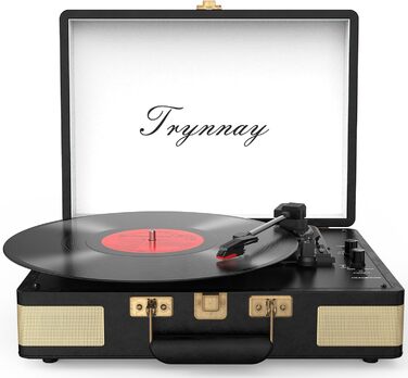 Вініловий програвач Trynnay 3-швидкісний, Bluetooth, портативний у кейсі, з вбудованими динаміками, покриття з PU-шкіри, ретро чорний