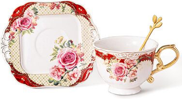 Набір чайних чашок і блюдець з квітковим візерунком, чашка для чаю та кави із золотою ручкою (червона)