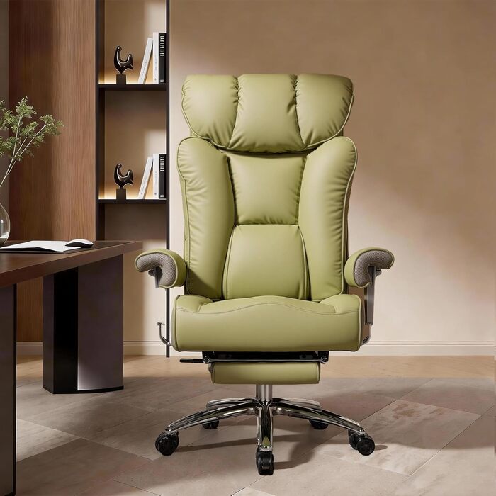 Офісний стілець Efomao XXL до 200 кг з підставкою для ніг, екошкіра, висока спинка, регульовані підлокітники, підтримка попереку, сірий