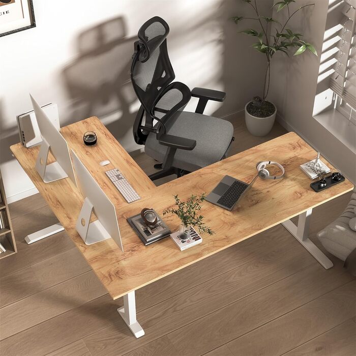 Електричний кутовий стіл BEXEVUE з регулюванням висоти 160x140 см, 3 функції пам'яті, антиколізійна технологія, для дому та офісу, бежевий