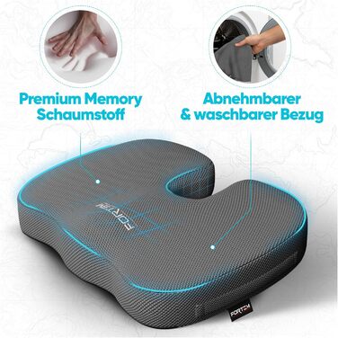 Подушка для сидіння FORTEM: м'яка, з піною з пам'яті, для офісного, ігрового крісла, авто, комп'ютерного крісла. Нековзна, знімний чохол сірого кольору.