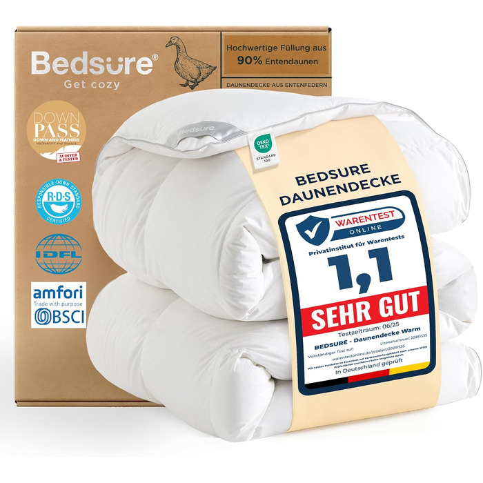 BEDSURE Пухова ковдра 135x200 см - тепла зимова ковдра з 90% пуху та 10% пера, 880 г наповнювач, сертифікат Öko-Tex, RDS, пральна, біла