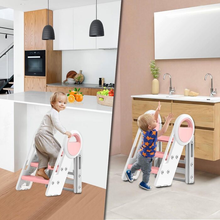 Дитячий табурет-сходилка 2-3 сходинки, регульована висота, складана, для ванної, дитячої кімнати, кухні (рожевий + білий)