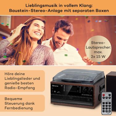 Вініловий програвач Auna з динаміками, CD-програвачем, USB, Bluetooth, DAB-радіо, ретро-дизайн, коричневий