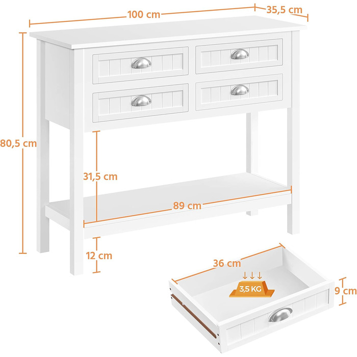 Консольний столик Yaheetech з 4 висувними ящиками, відсік для зберігання, сільський стиль, 100 35,5 80,5 см, білий