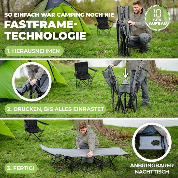 Розкладне ліжко для кемпінгу NORDICTRAILS XXL з м'яким матрацом, компактна похідна лежанка для відпочинку та рибальства, сіра (190 x 70 см)