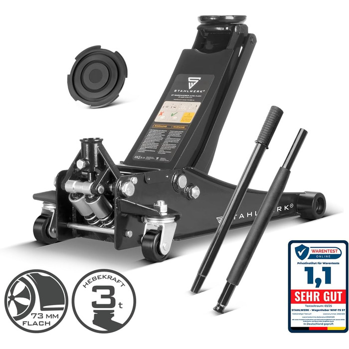 Гідравлічний домкрат Stahlwerk 3т низькопрофільний (73-500 мм) з гумованими колесами, подвійним поршнем, чорний