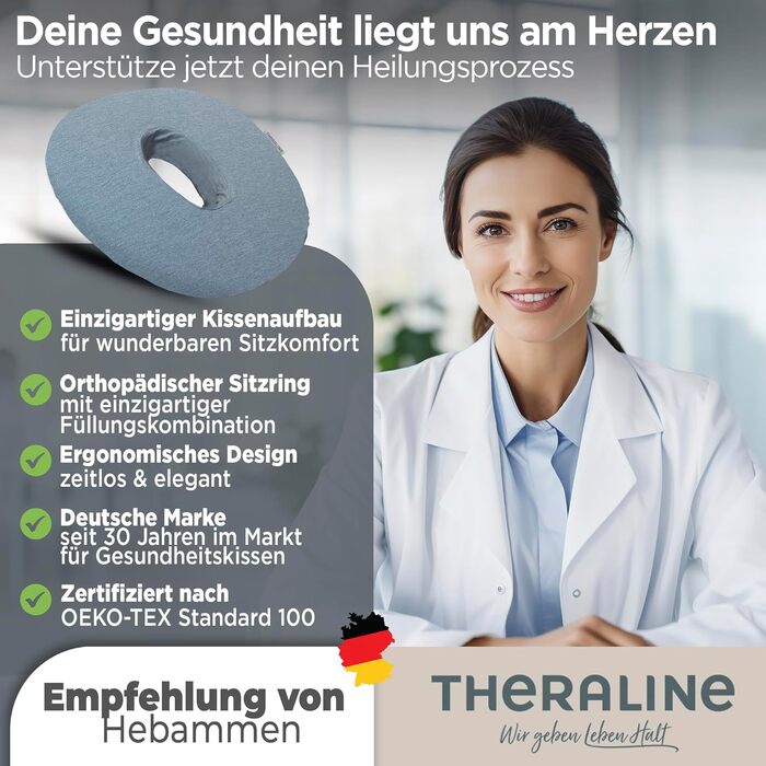 Ергономічний ортопедичний подушка-кіль Theraline для розвантаження куприка, після операцій та пологів, при геморої (Donut Kissen), Антрацит Меланж, 35x48 см