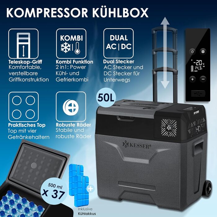 Електрична холодильна та морозильна камера KESSER® Kompressor, 50 літрів з керуванням через APP, USB, 12/24V/230V, телескопічна стійка, акумулятори холоду, колеса, охолодження до -20°C для авто, вантажівок, човнів, антрацит/чорний
