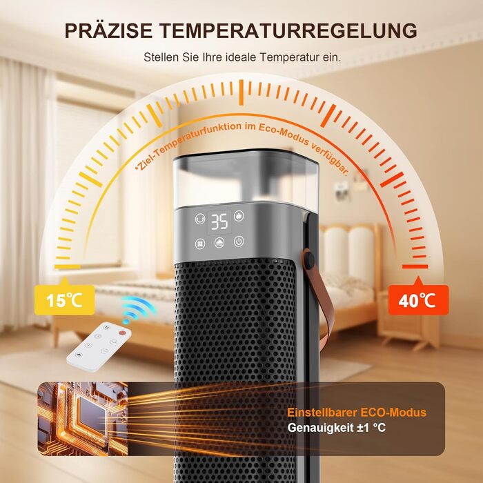 Електричний обігрівач з підігрівом, 2000W, PTC керамічний, з функцією зволоження, пульт дистанційного керування, 75° осциляція, 3 режими підсвічування, ECO-режим, захист від перегріву та перекидання, таймер 12 год