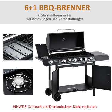 Газовий гриль Outsunny BBQ на коліщатках з 6 пальниками, 1 бічним пальником, шафкою, багатофункціональний, металевий, чорний, 135 x 50 x 100 см | Aosom