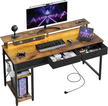 Комп'ютерний стіл Rolanstar з ящиками, розетками та LED-підсвіткою, ігровий стіл з підставкою для монітора, полиця та 2 гачки, для офісу та вітальні (білий, 100x47x90,5 см)