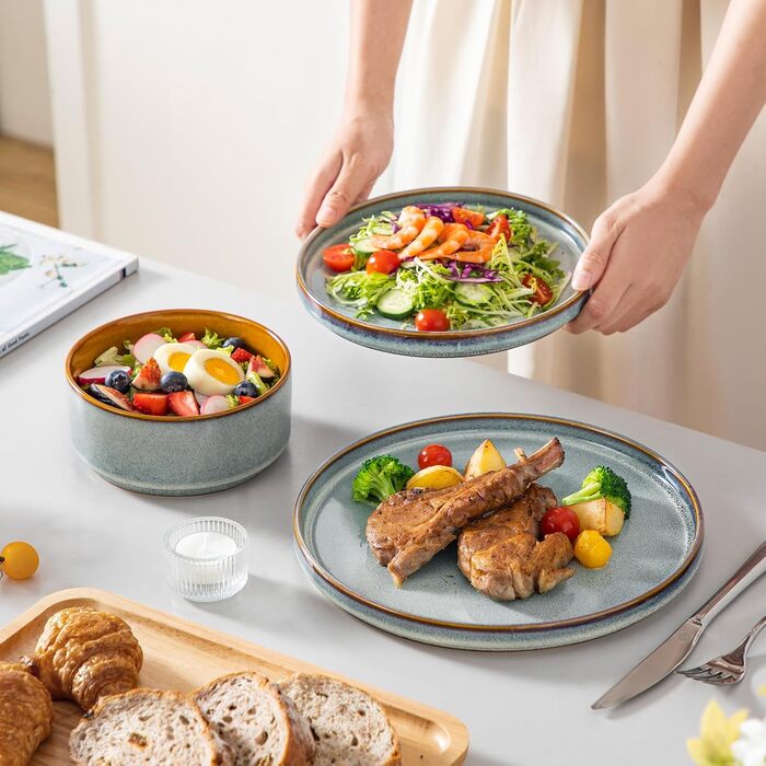 Набір посуду Vancasso Steingut 24 шт. для 8 осіб: тарілки, салатники, супові миски. Серія Galaxie, ONION (світло-блакитний)