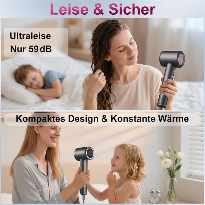 Професійний фен для волосся 1600W з безщітковим двигуном 110,000 об/хв, 200 млн іонів та дифузором, компактний дорожній фен, сірий