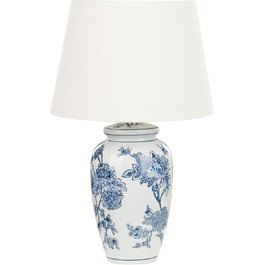 Настільна лампа Beluso з порцеляновою основою блакитно-білого кольору у формі вази та тканинним абажуром конічної форми
