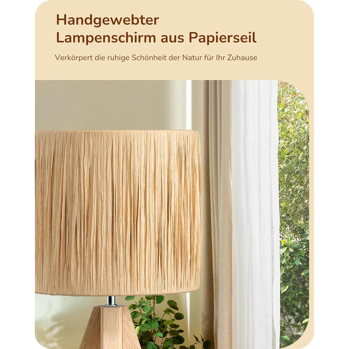 EDISHINE Настільна лампа з ручним плетінням, тепле світло 2700K, дерев'яний штатив, Boho стиль, для спальні, вітальні, готелю, з LED лампою E27 4W, абажур з ротангового паперу