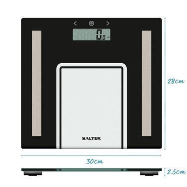 Ультратонкі скляні ваги для тіла Salter 9158 SV3R, макс. 180 кг, цифрові ваги для ванної кімнати вимірюють вагу, жир/воду, ІМТ, 8 користувачів, режим спортсмена, батареї в комплекті (чорний/прозорий)