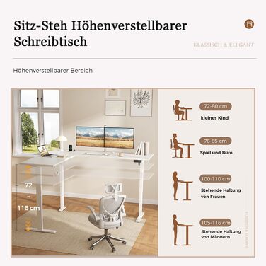 Електричний кутовий стіл Klicelor з регулюванням висоти, 190 x 155 см. 3 функції пам'яті, антиколізійна технологія, ергономічний комп'ютерний стіл, білий