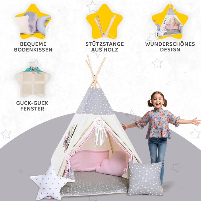 Дитячий намет-тіпі Rainbow Kids: бавовняне полотно, різні кольори та візерунки, з аксесуарами (Вовк, зірка, рожевий)