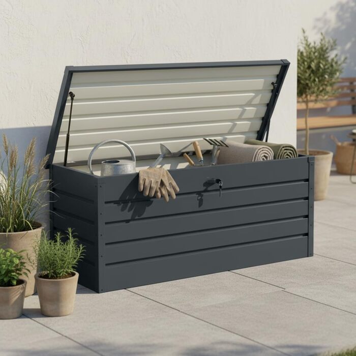 Скриня для саду STEELSØN Dorado 600л, металева оцинкована, водонепроникна, антрацит, з замком та відкидною кришкою - для саду, балкону, тераси 120x62x63 см