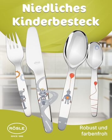 Набір дитячого посуду RÖSLE Kinderbesteck – 4 предмети з нержавіючої сталі 18/10, для дітей від 3 років, безпечний, можна мити в посудомийній машині, чудовий подарунок на хрещення, дизайн 'Маленький робот'