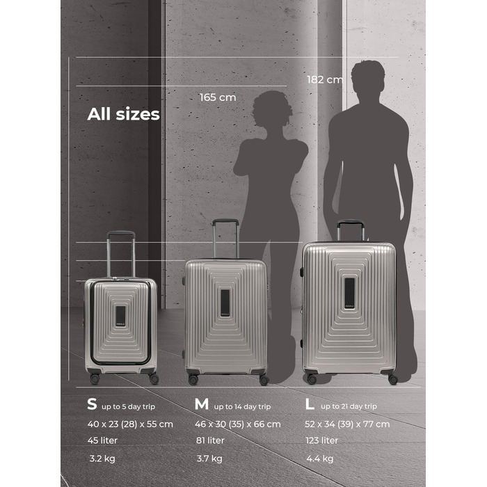 Набір валіз REDOLZ Essentials 14: S (55 см), M (66 см), L (77 см) з відділом для ноутбука, розширюваний, 4 колеса, TSA, Coffee Grey Metallic
