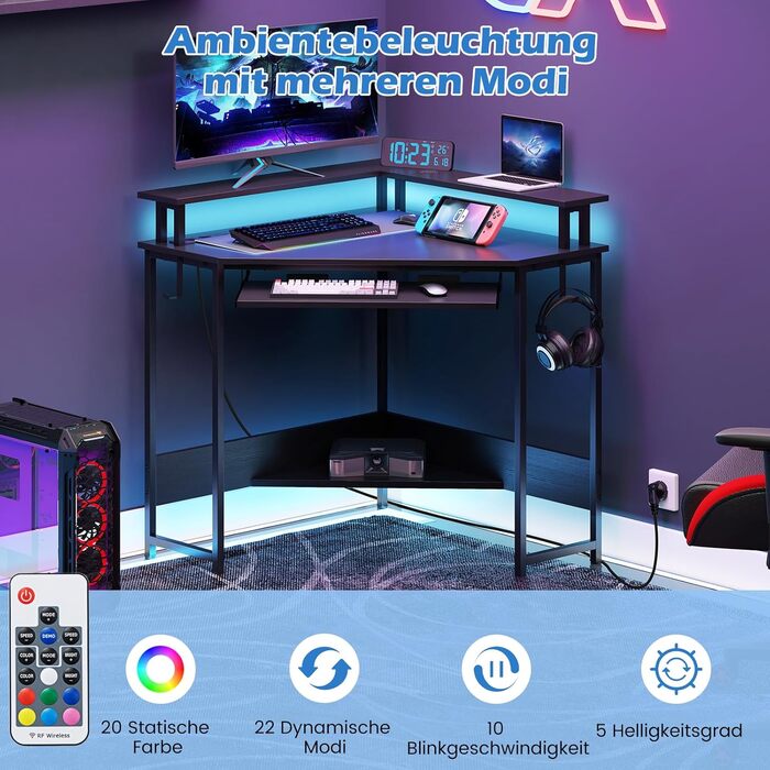 COSTWAY кутовий стіл з зарядкою, трикутник, LED-підсвітка, підставка для клавіатури та монітора, геймінговий, для дому/офісу (білий/чорний)