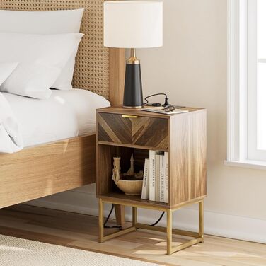 Приліжкові столики з відкритим відсіком, журнальний столик для спальні та вітальні (горіх) (30 x 40 x 60 см з розеткою, горіх)