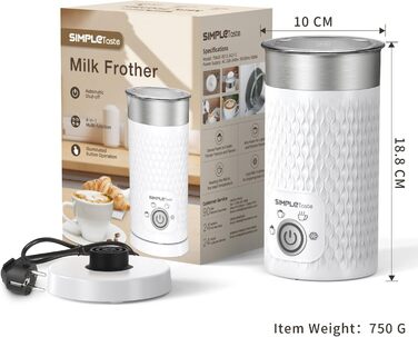 SIMPLETASTE: Електричний спінювач молока 4-в-1, автоматичний, для гарячого та холодного напою, з підігрівом, автоматичне вимкнення, білий