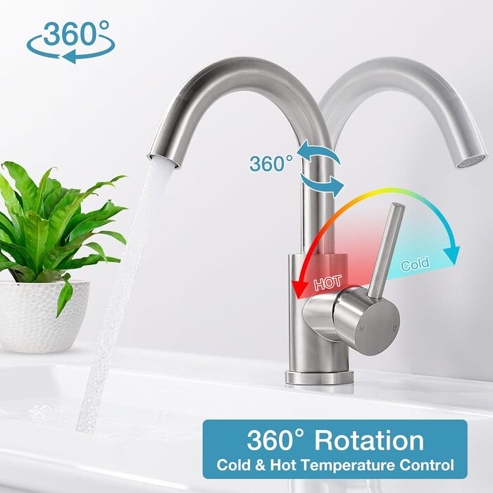 Змішувач для ванної кімнати/кухні з нержавіючої сталі, поворотний на 360°, висота виливу 150 мм, з однорідним змішувачем, покриття - нікель