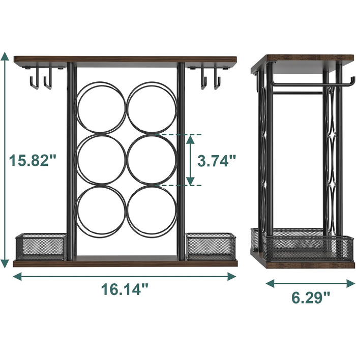 Стелаж для вина з дерева та металу на 3 яруси - 6 пляшок та 4 келихи, для дому