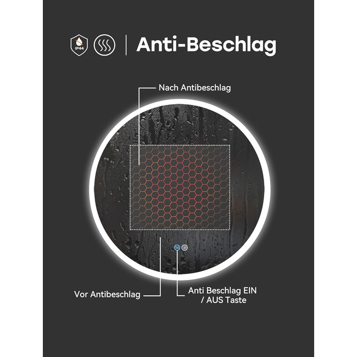 Дзеркало для ванної кімнати HOROW круглої форми з підсвічуванням, 80 см, LED, регулювання кольору світла (холодне, тепле, нейтральне), диммування, антизапар, без рами, IP44, енергозберігаюче (60x60 см)