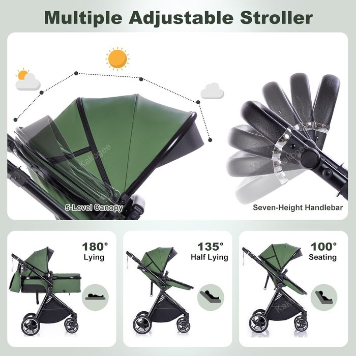 Дитяча коляска 3-в-1 | Комбінована коляска з автокріслом | Візок з регульованою ручкою | Алюмінієвий каркас | Москітна сітка | для новонароджених 0-4 роки, Зелений