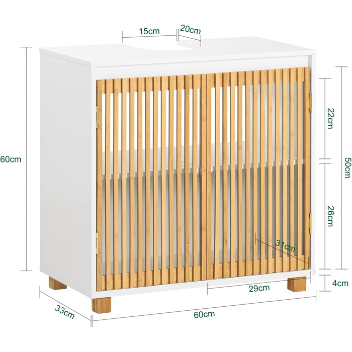 Тумбочка для ванної кімнати SoBuy, вузька, 30 см, з бамбуковими дверцятами, вологостійка, 33x165x33 см, BZR127-W (нижній шафчик)