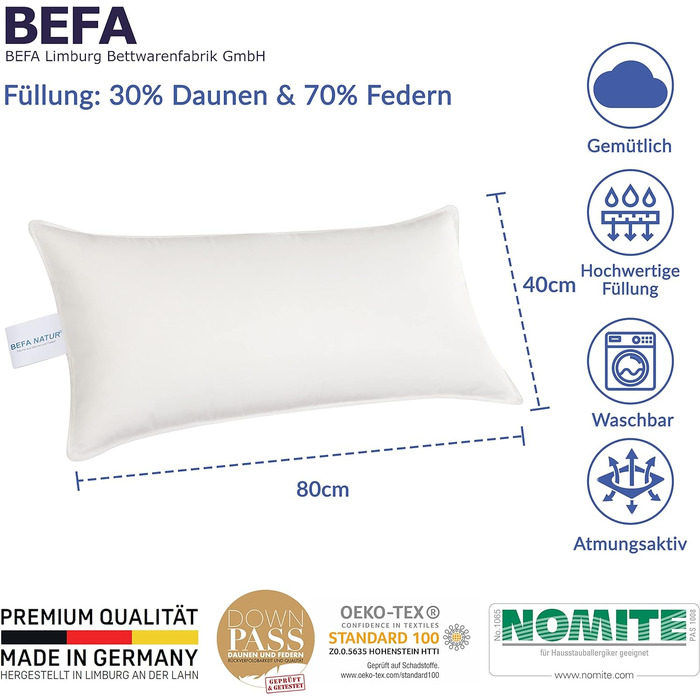 Подушка BEFA NATUR Made in Germany 80х80 см з 30 пухом і 70 пір'ям 1 класу, біла, вага наповнювача 1100г. Підходить для алергіків (номіт), Downpass ( (1 упаковка))