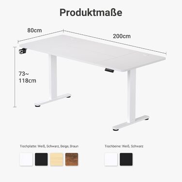 Регульований стіл з USB-C зарядкою 140x60 см, функція пам'яті. Електричний стіл, столик для стоячи/сидячи, комп'ютерний стіл. (Білий, 200 x 80 см)