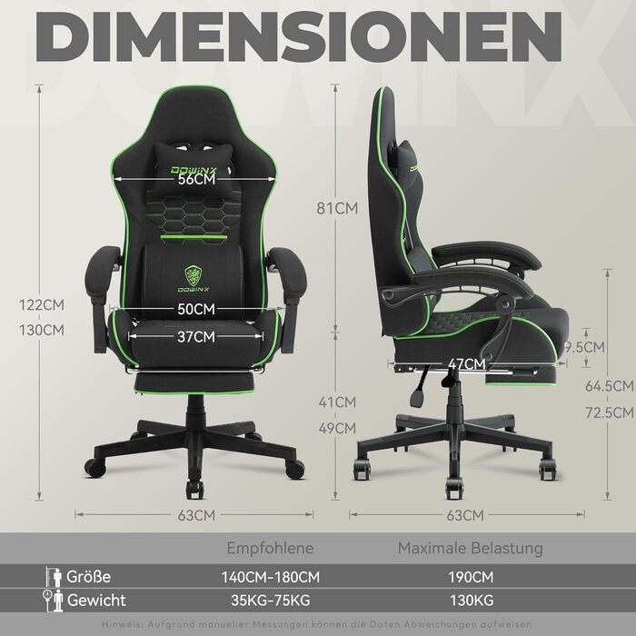 Ігровий крісло Dowinx з підголовником та підставкою для ніг, тканинне, з масажем, чорно-зелене