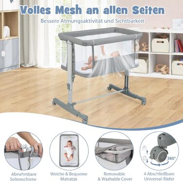 DREAMADE Beistellліжко 2-в-1 з регулюванням висоти, 5-рівнів, для новонароджених, з матрацом та колесами, 86 x 63 см, нахил 10°, сірий колір