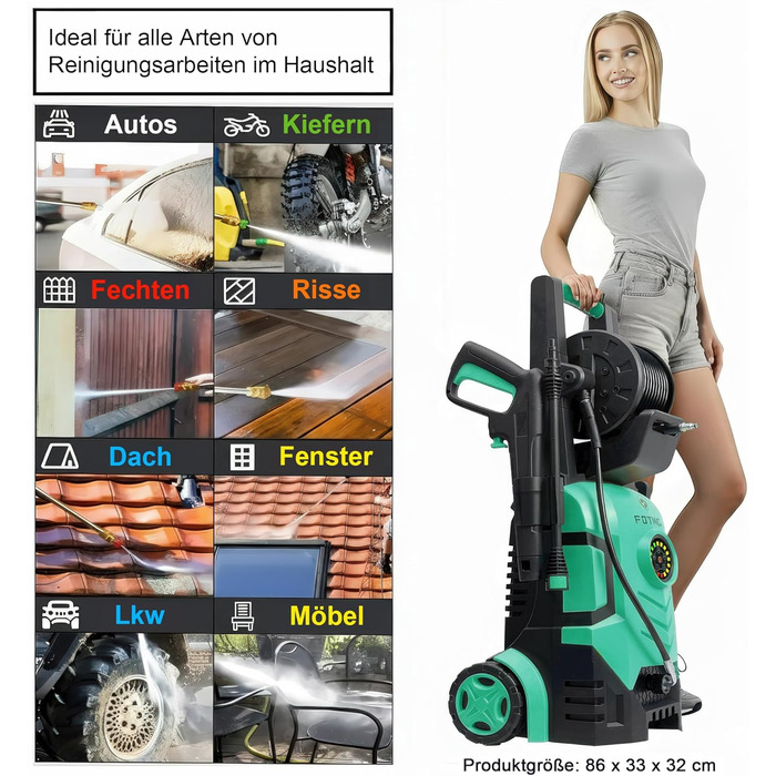 Високотискний мийник 2026 Neu 180 бар, 6-в-1 насадка, 420 л/год, 50 м²/год, економія води, з піноплавником 500 мл та барабаном для шланга (33x32x86 см, блакитний)