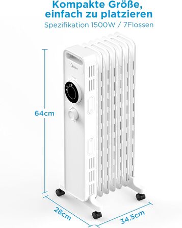 Масляний радіатор Midea NY2009-22M 2000 Вт Енергозберігаючий тихий, електричний обігрівач з 9 ребрами, термостат, 3 рівні нагріву, захист від нахилу та перегріву, режим ECO, швидкий нагрів і портативний, білий (масляний контур ялинка з 7 ребрами)