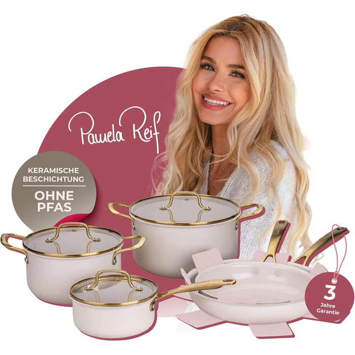 Набір сковорідок FACKELMANN x Pamela Reif 3 шт. діаметром 20-24-28 см – з переробленого алюмінію, пастельно-бежевий, керамічне покриття без PFAS, стійке до 160°C, для всіх типів плит