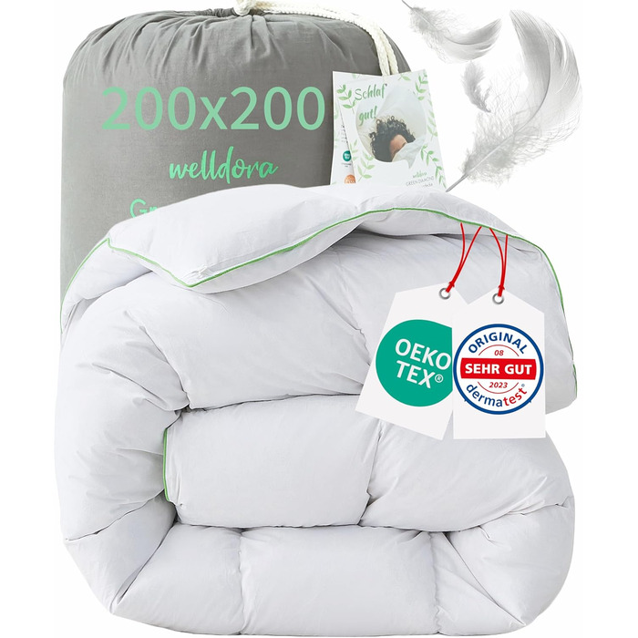Пухова ковдра Welldora Komfort 200x200 для зими | 100% гусячий пух та перо | Безпечна для алергіків, Oeko-Tex, перевірена лікарями | Сертифікована за принципами захисту тварин | Тепла зимова ковдра 200x200 см
