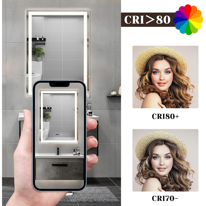 Дзеркало для ванної кімнати Mursche з підсвічуванням LED, 50x70 см, IP44, сенсорний вимикач, годинник, антизапар, регулювання яскравості 3000K-6500K