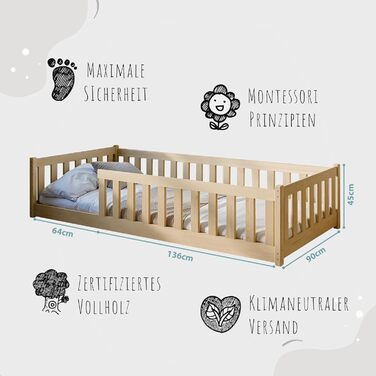 Ліжко дитяче Kinderbett Bodenbett 90x200 см з бортиком та ламелями Montessori, ліжко-гойдалка для дітей та підлітків, 4-18 років, колір натуральний