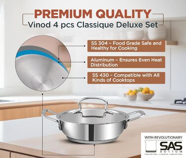 Набір кухонного посуду Vinod Classique Deluxe з нержавіючої сталі, 7 предметів: казан, сковорода, каструля з ручкою, соусник, кухонні аксесуари, індукційне дно, 2 роки гарантії