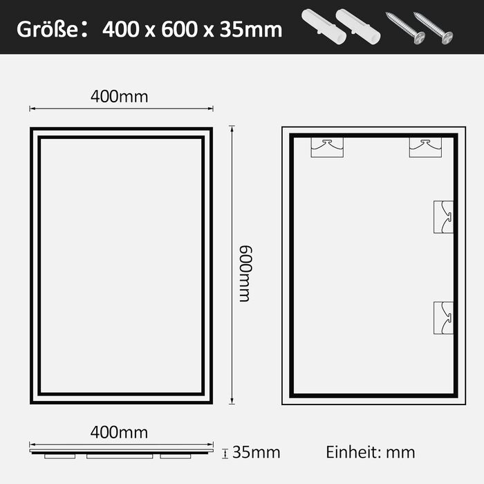 LED дзеркало для ванної кімнати Boromal 40x60 см з підсвічуванням та вимикачем, 6500K, холодний білий світ