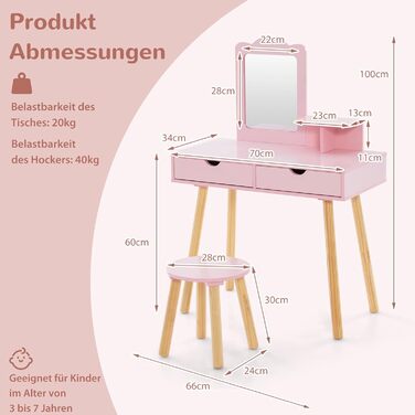 Дитячий туалетний столик COSTWAY 2-в-1 зі стільчиком та дзеркалом, з 2 шухлядами, гребінцем, для дівчаток 3-7 років (Рожевий)
