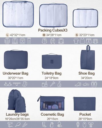 Набір органайзерів для подорожей Anjing (10 предметів), водонепроникні пакувальні куби для валізи, компактний набір для зберігання речей у дорогу, темно-синій