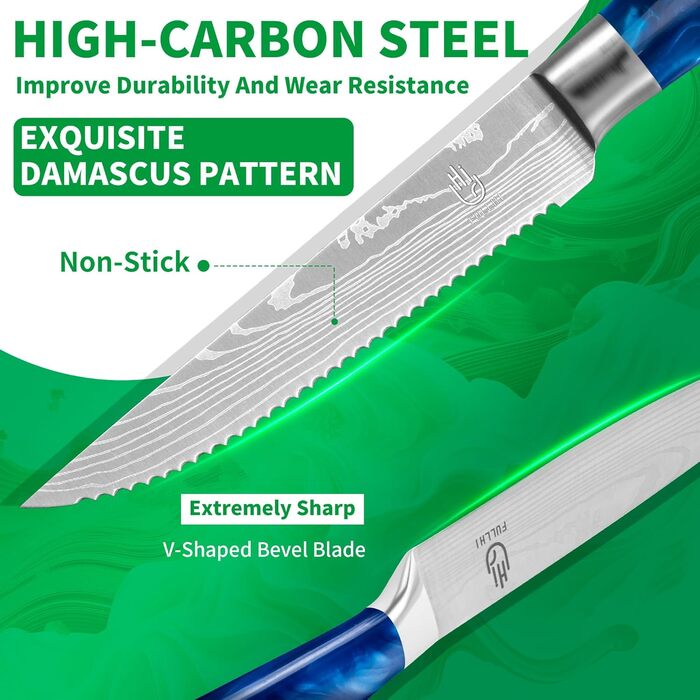 Набір кухонних ножів Fullhi 14 предметів з бруском, набір кухонних ножів, ножі для стейку, кольорова ручка, подарунок для чоловіків та жінок (блакита смола, 14 шт.)